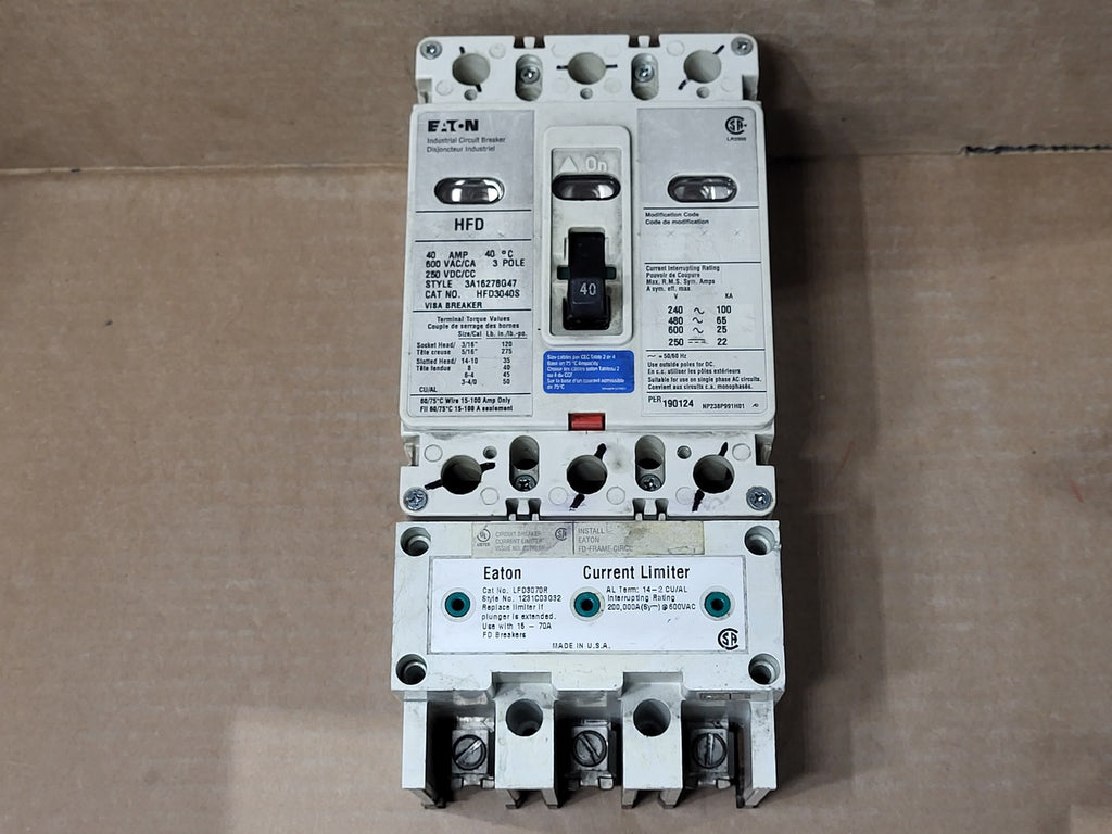 EATON 40 Amp, 3 Pole, 600 Volt Circuit Breaker HFD3040S w/ Current Limiter LFD3070R