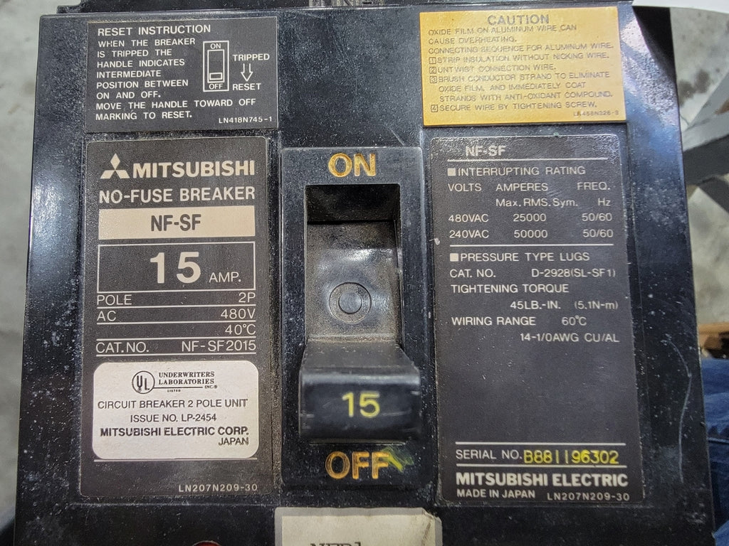 MITSUBISHI 15 Amp, 2 Pole, 480 volts Circuit Breaker NF-SF2015