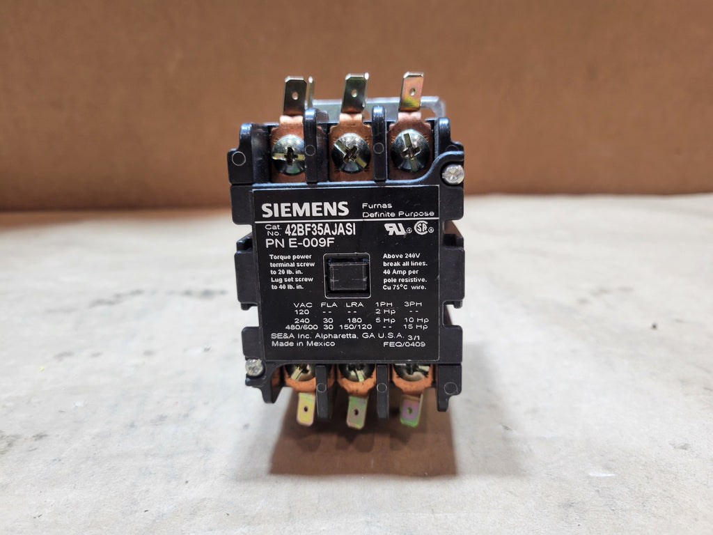 SIEMENS 30 Amp, 3 Pole, 600V, 24V Coil, Contactor 42BF35AJASI, E-009F