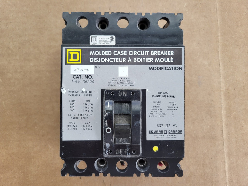 SQUARE D 20 Amp, 3 Pole, 600 Volts Circuit Breaker FAP36020