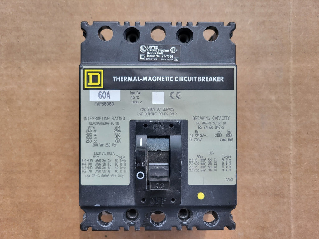 SQUARE D 60 Amp, 3 Pole, 600 Volt Circuit Breaker FAP36060
