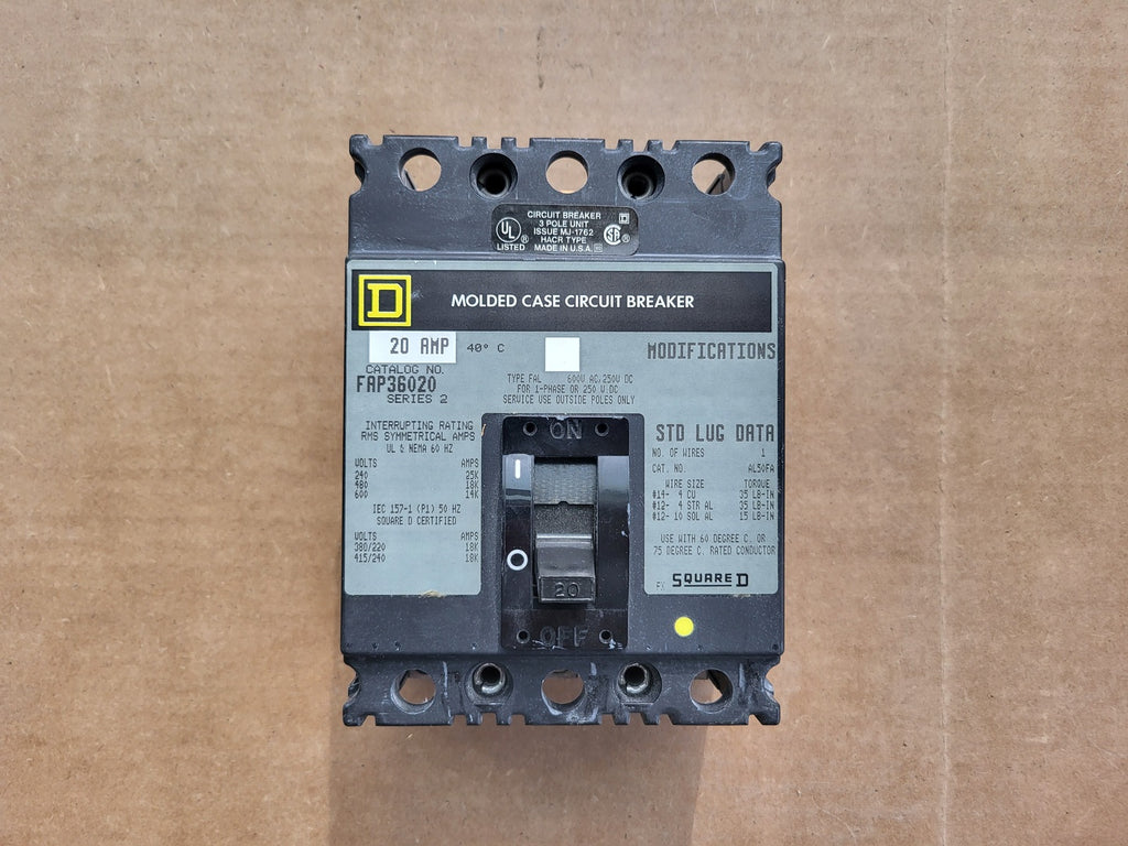 SQUARE D 20 Amp, 3 Pole, 600 Volt Circuit Breaker FAP36020