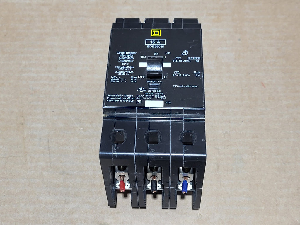 SQUARE D 15 Amp, 3 Pole, 600 Volt Circuit Breaker EDB36015
