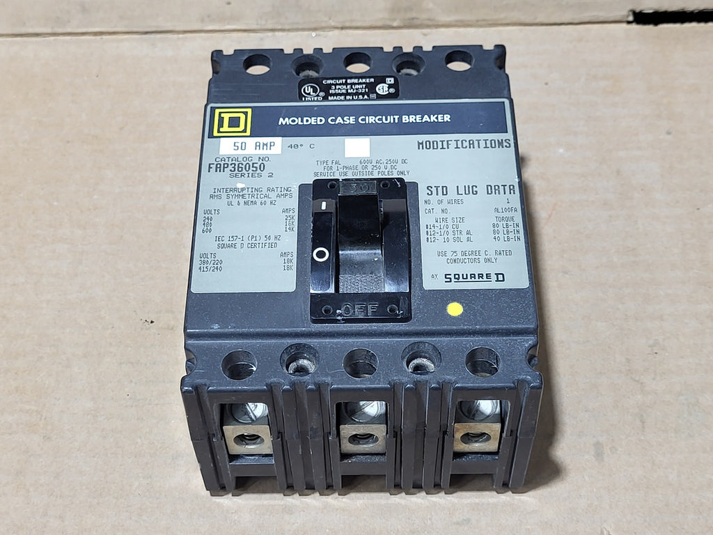 SQUARE D 50 Amp, 3 Pole, 600 Volt Circuit Breaker FAP36050