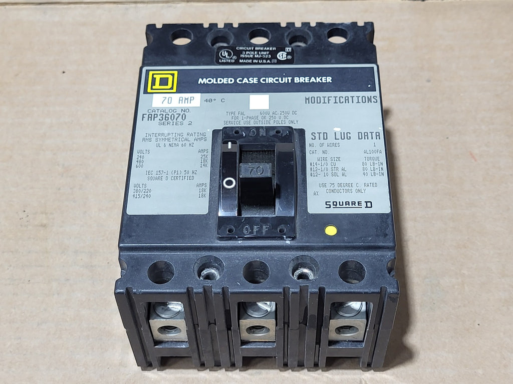 SQUARE D 70 Amp, 3 Pole, 600 Volt Circuit Breaker FAP36070