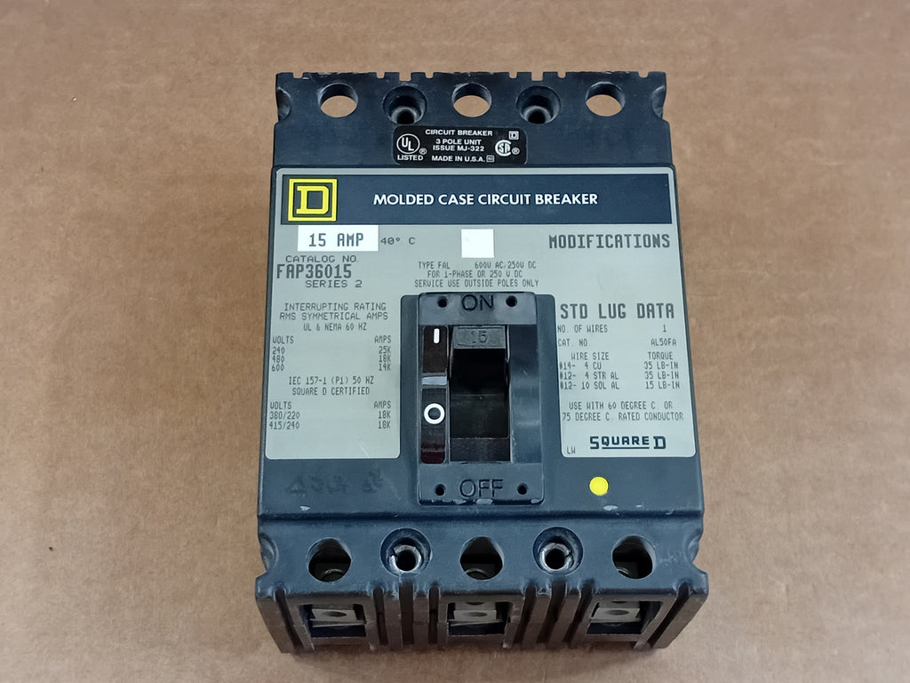 SQUARE D 15 Amp, 3 Pole, 600 Volt Circuit Breaker FAP36015