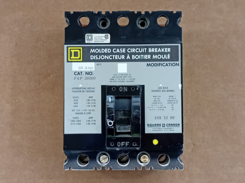 SQUARE D 60 Amp, 3 Pole, 600 Volt Circuit Breaker FAP36060