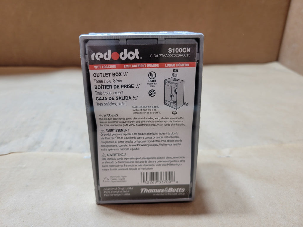 THOMAS & BETTS Red Dot S100CN 1/2" 3-Hole Weatherproof Cast Aluminum Outlet Box Silver
