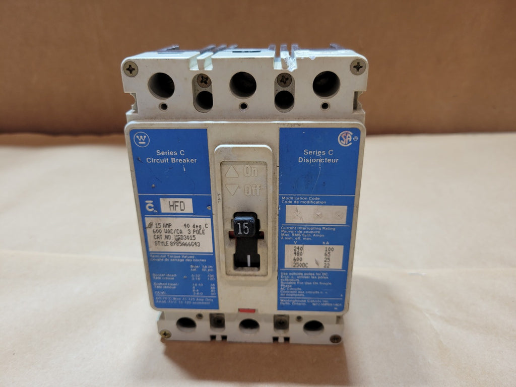 WESTINGHOUSE HFD3015 15A 3-Pole 600VAC 250VDC Series C HFD Circuit Breaker