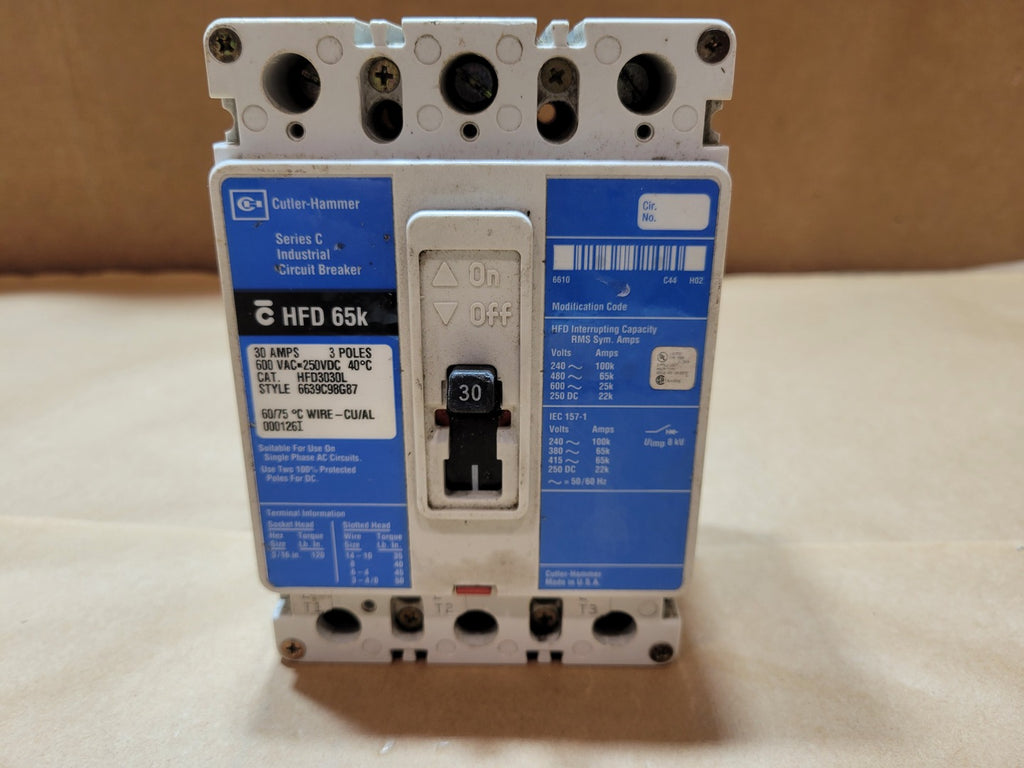 CUTLER-HAMMER HFD3030L 30A 3-Pole 600VAC 250VDC Series C HFD 65k Circuit Breaker