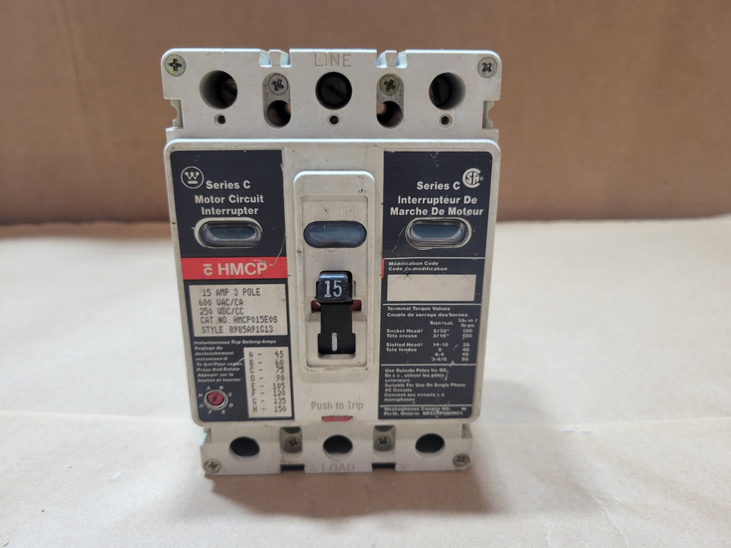 WESTINGHOUSE HMCP015E0S Series C 15A 3-Pole 600VAC / 250VDC Motor Circuit Protector
