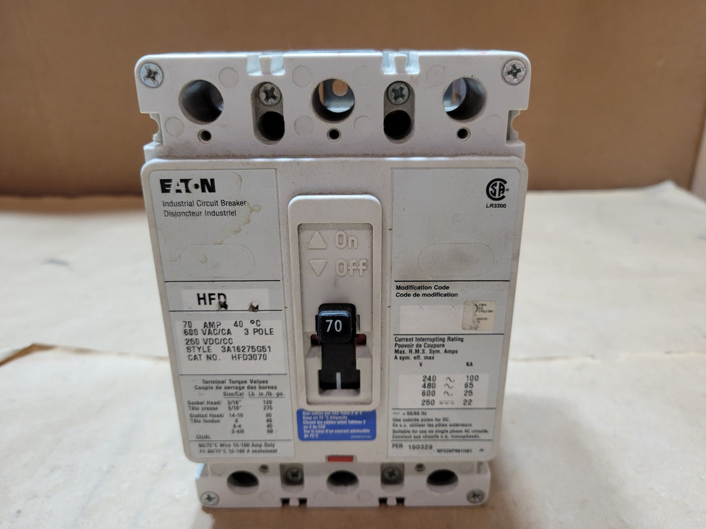 EATON HFD3070 Series C 70A 3-Pole 600VAC F-Frame Circuit Breaker