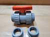 CHEMKOR 32909011 Super Bloc 1-1/2" CPVC True Union Ball Valve - Viton - Socket/ThreadedChemkor Super Bloc 1-1/2" CPVC true-union ball valve with manual handle, Viton O-rings and Teflon seals as specified on the packaging label. Includes the pictured valve assembl