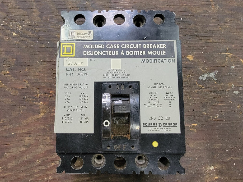 SQUARE D 20 Amp, 3 Pole, 600 volts Circuit Breaker FAL36020