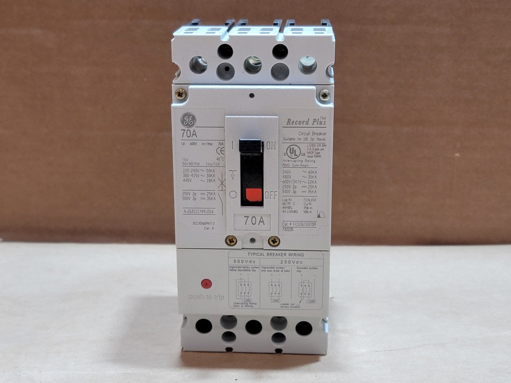 GENERAL ELECTRIC 70 Amp 600 Volts 3 Pole Circuit Breaker FCV36TE070R