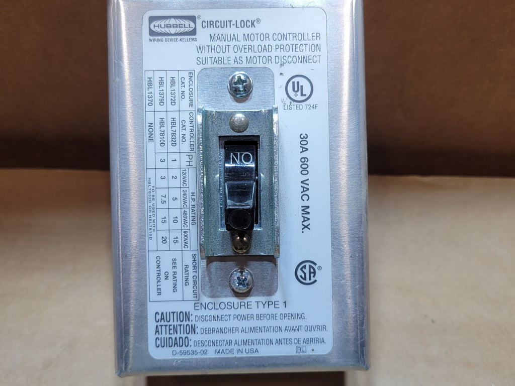 HUBBELL 30 Amp 600 Volts Manual Motor Controller HBL1372D/HBL1379D
