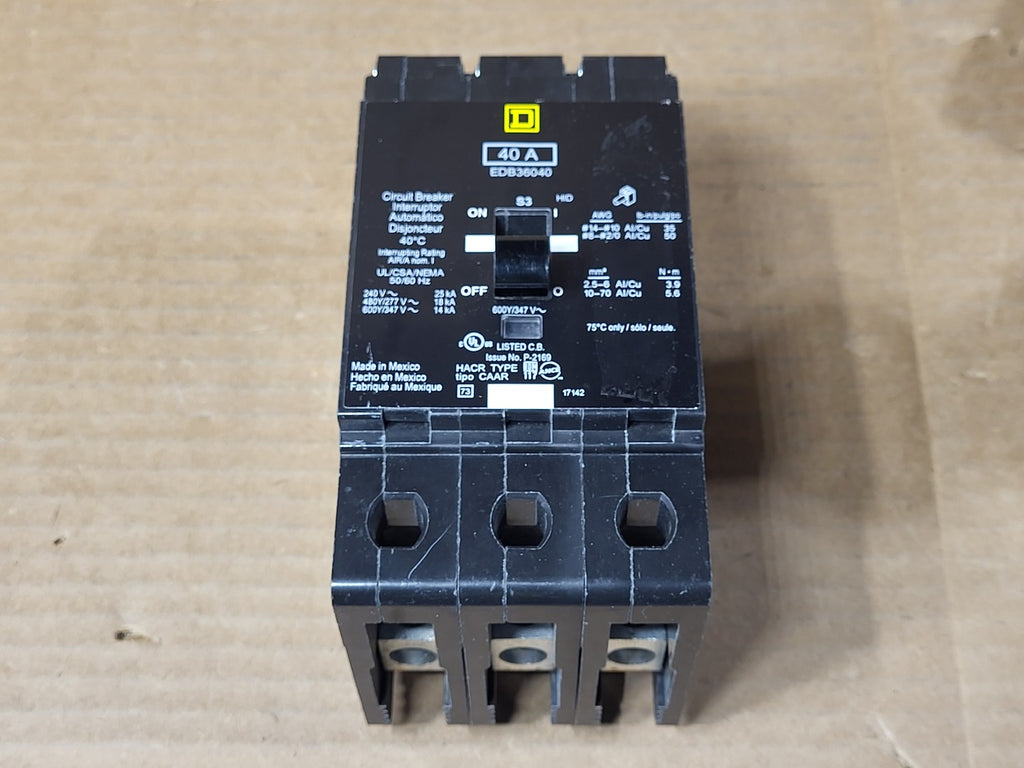 SQUARE D 40 Amp, 3 Pole, 600 Volt Circuit Breaker EDB36040