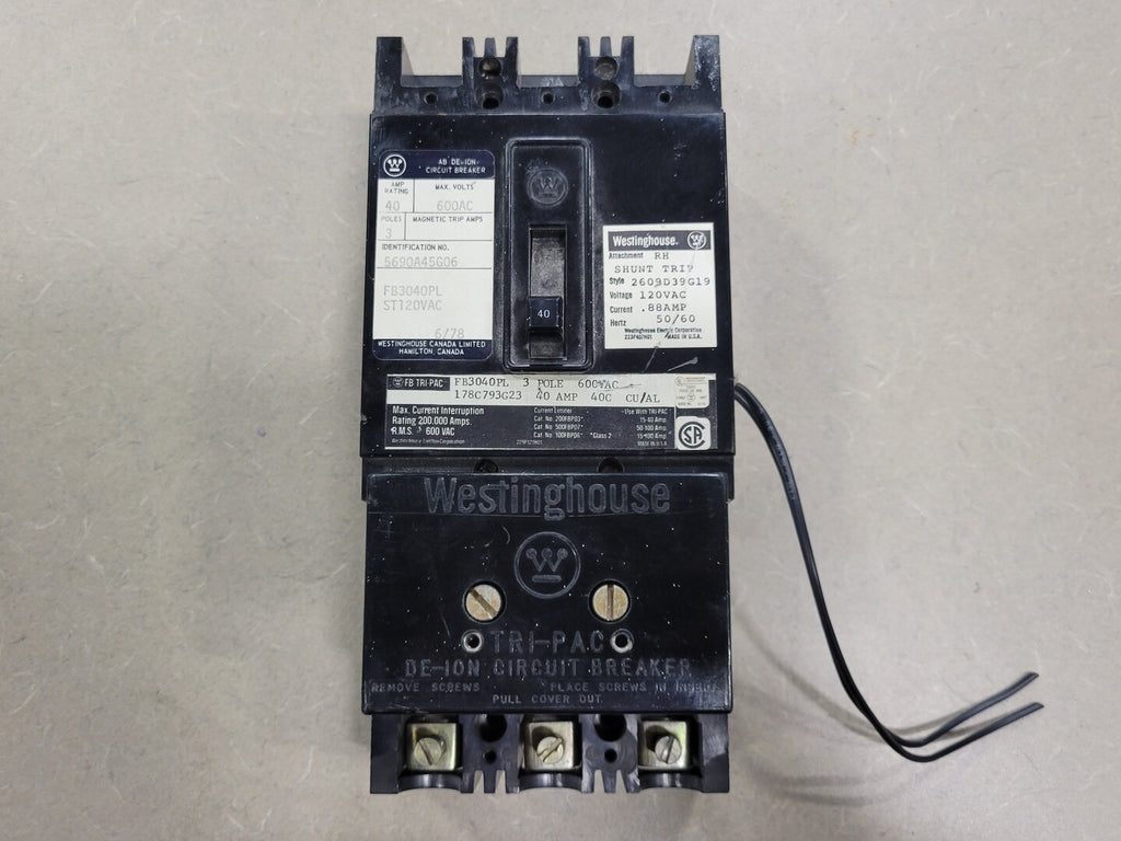 WESTINGHOUSE 40 Amp, 3 Pole, 600 volts Circuit Breaker FB3040PL