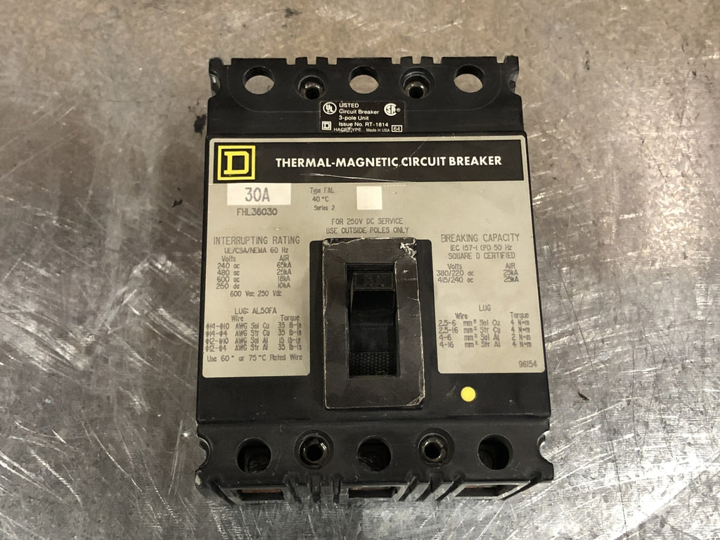 SQUARE D 30 Amp, 3 Pole, 600 volts Circuit Breaker FHL36030