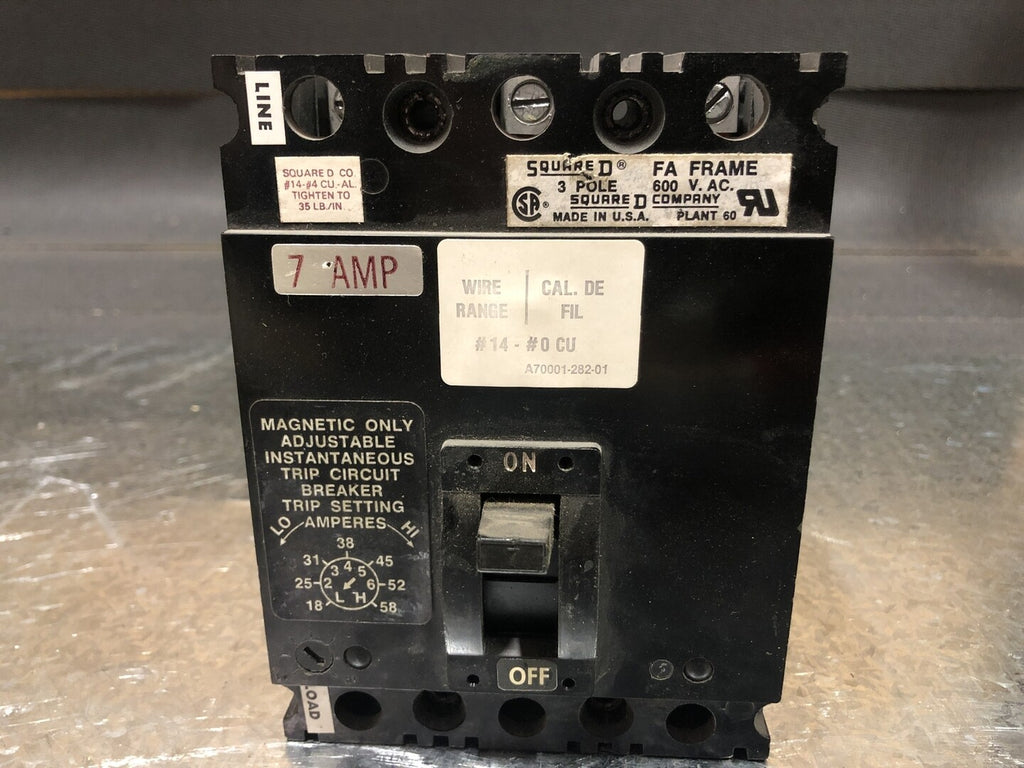SQUARE D 7 Amp, 3 Pole, 600 volts Circuit Breaker FAL3600712M