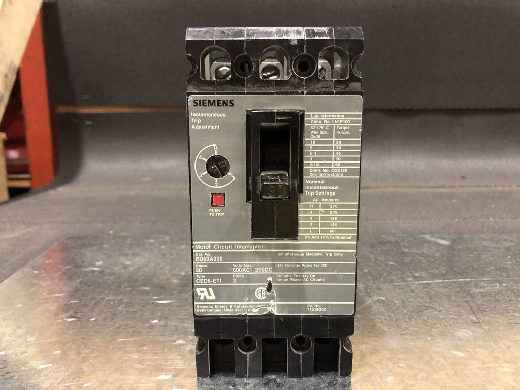 SIEMENS 30 Amp, 3 Pole, 600 volts Circuit Breaker ED63A030