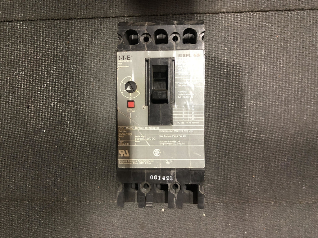 SIEMENS 5 Amp, 3 Pole, 600 volts Circuit Breaker ED63A005